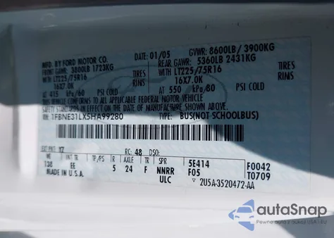 2005 Ford E-350 Super Duty Chateau/Xl/Xlt из США, поврежденный, VIN 1FBNE31LX5HA99280